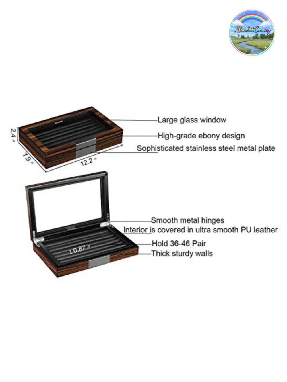 Wooden Cufflink Box Organizer with Glass Window - Holds 36-46 Pairs, Faux